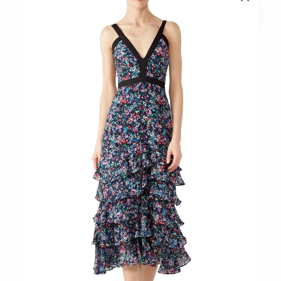 SALONI Dresses & Skirts - RTR SALONI
Jewel Rosette Lana Dress Black/Floral size 4 Strappy MIDI silk ruffle